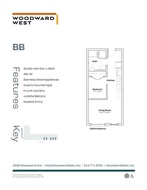 Floor plan for 1 bed, 1 bath, 491 sqft